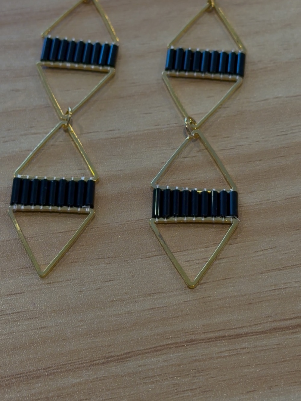 Hand Crafted Gold Triangle Drop Earrings with Black Beads